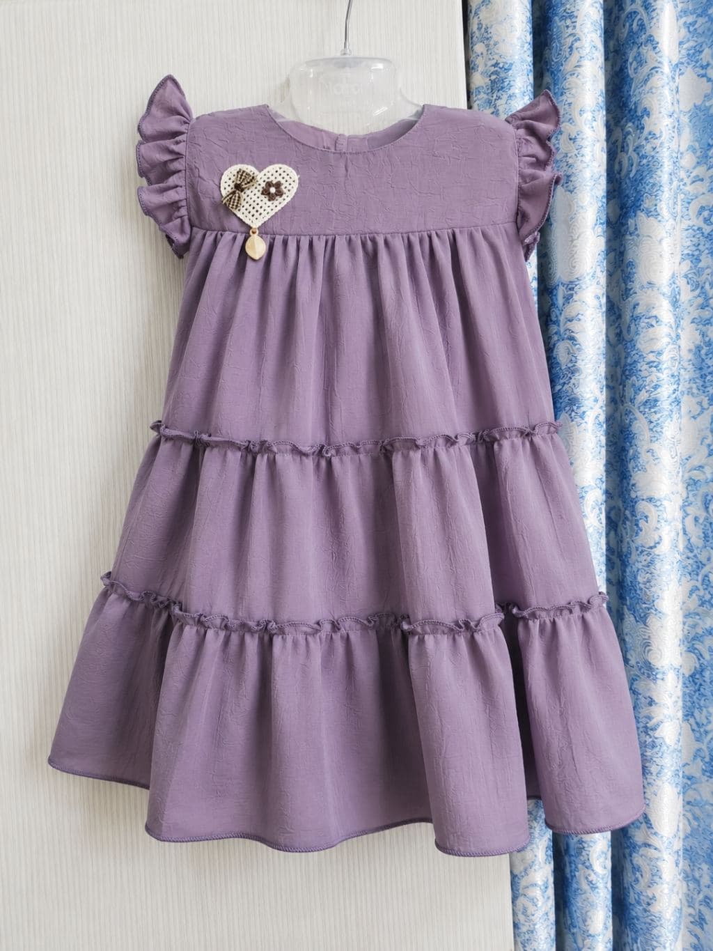 Girls' Purple Ruffle Dress with Heart Appliqué - Knee Length Casual Wear