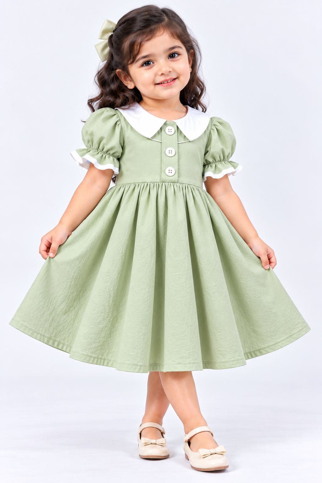 Girls' Puff Sleeve Collared Dress with Button Detail - Mint Green