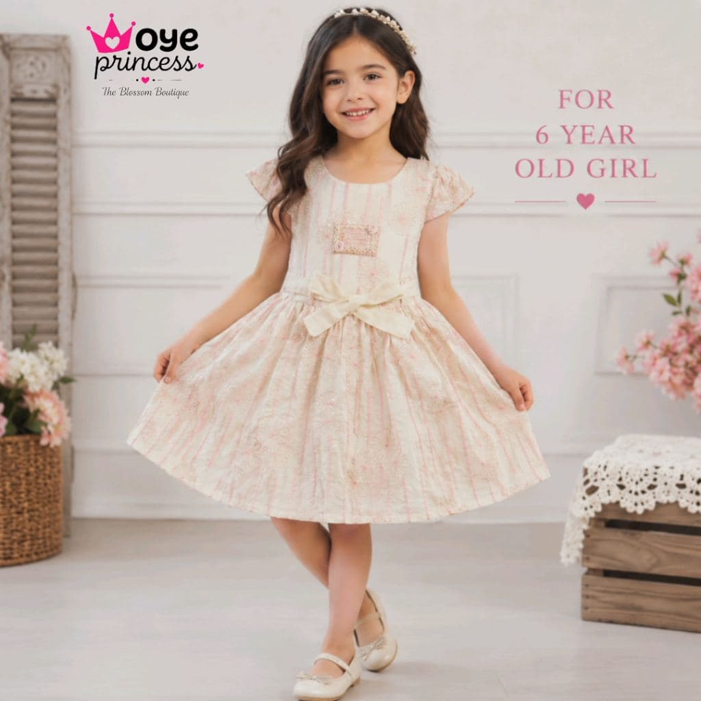 Oye Princess Girls Floral Dress with Bow - Cream Pink Party Wear for 6 Year Old