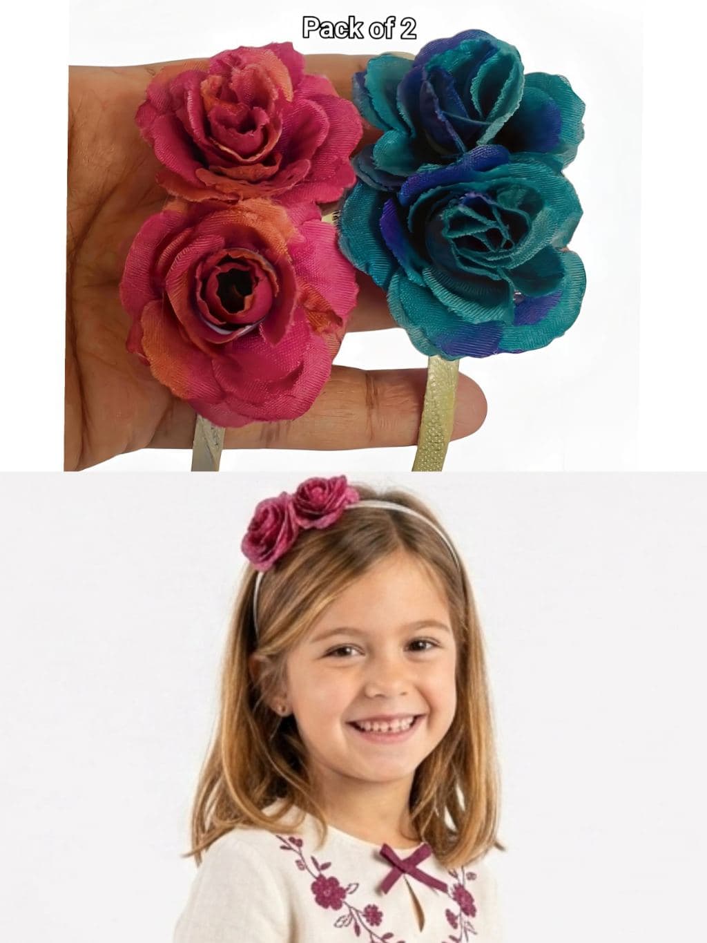 Fabric Rose Hair Clip Headband Pack of 2 - Pink & Teal Blue