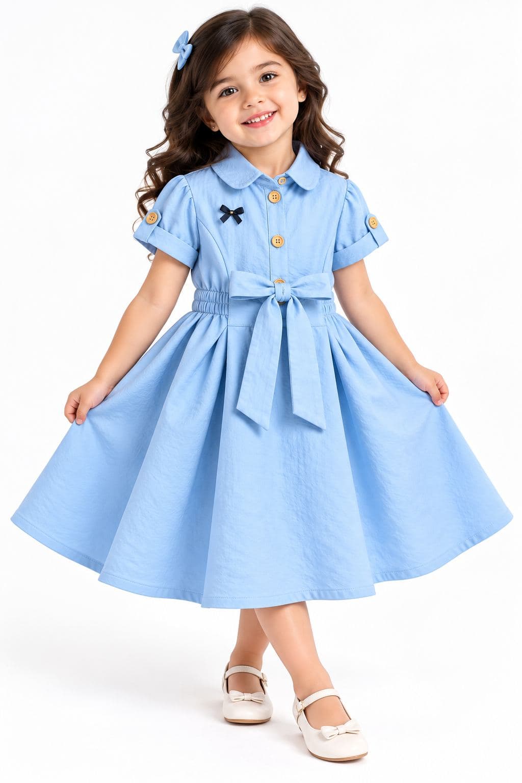 Girls' Light Blue Collared Dress with Tie Bow - Cotton Blend Casual Wear