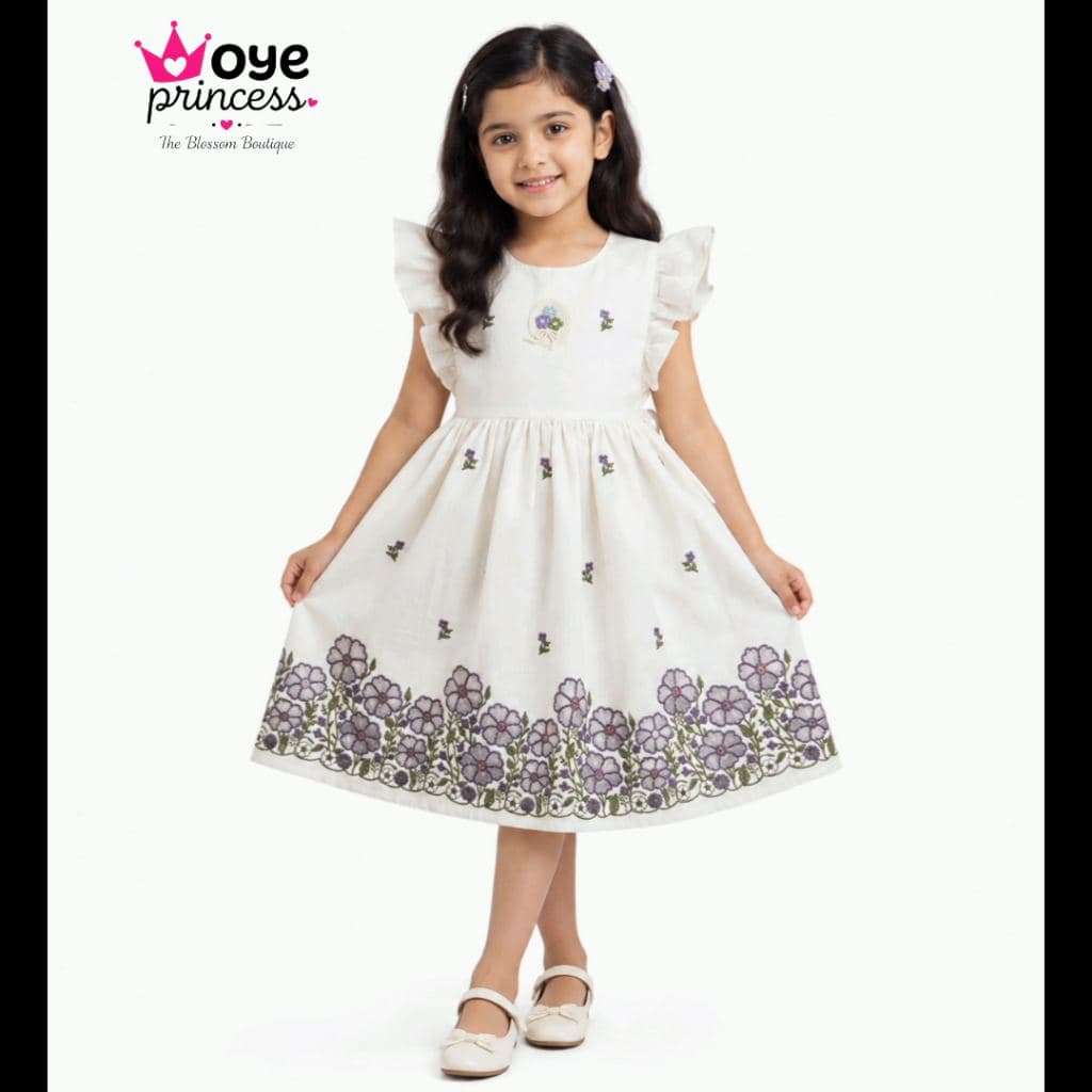 Oye Princess Girls' Embroidered Floral Dress - White Cotton Party Wear