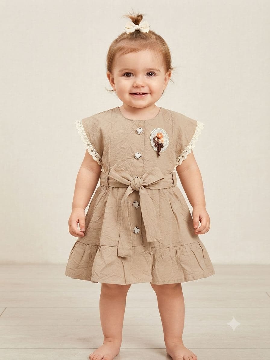 Beige Girls' Dress with Lace Trim and Decorative Brooch - Cotton Blend