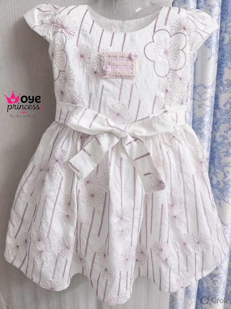 Oye Princess Girls' Floral Printed Dress with Bow - Purple & White