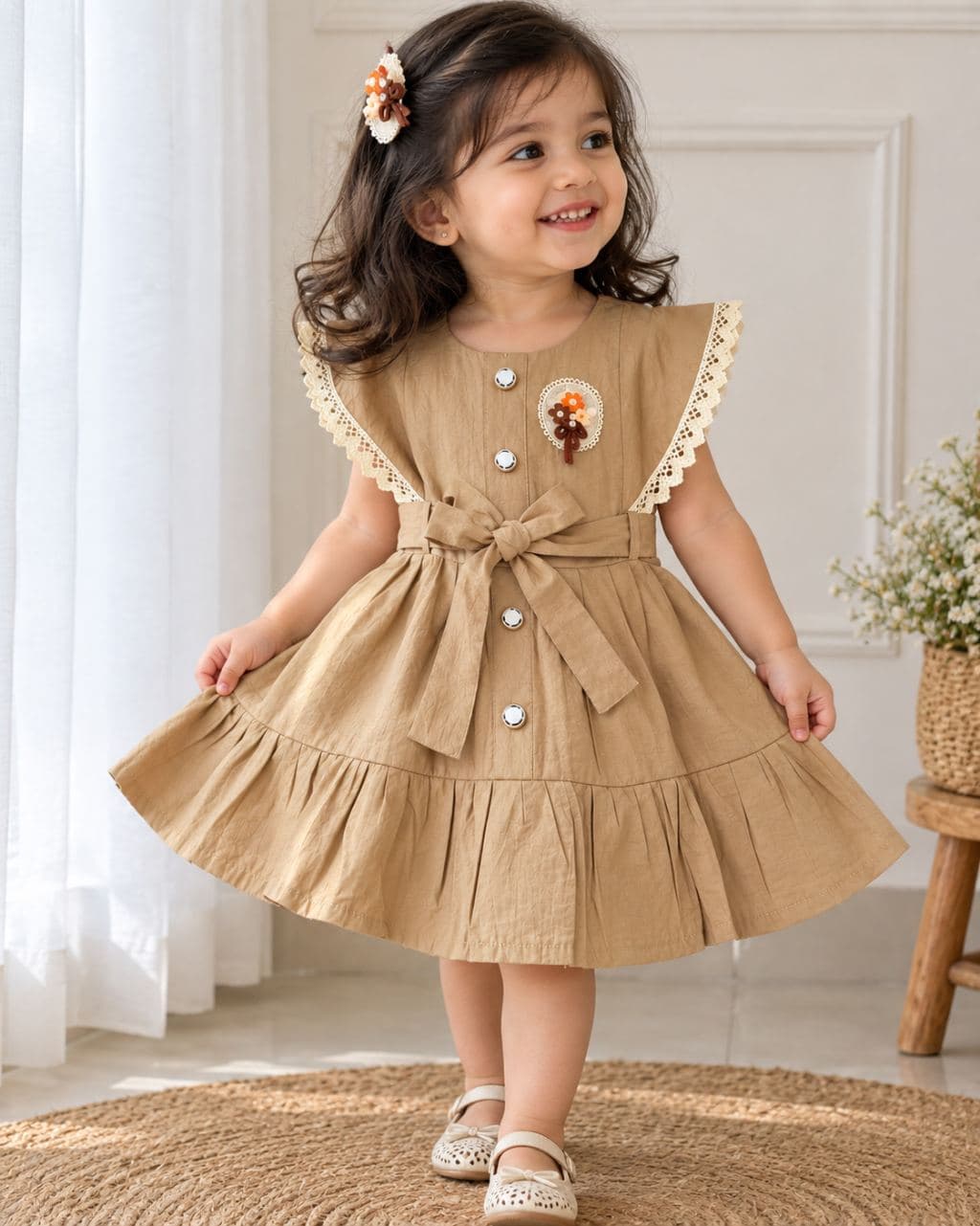 Girls' Cotton Casual Dress with Lace Collar and Button Details - Knee Length