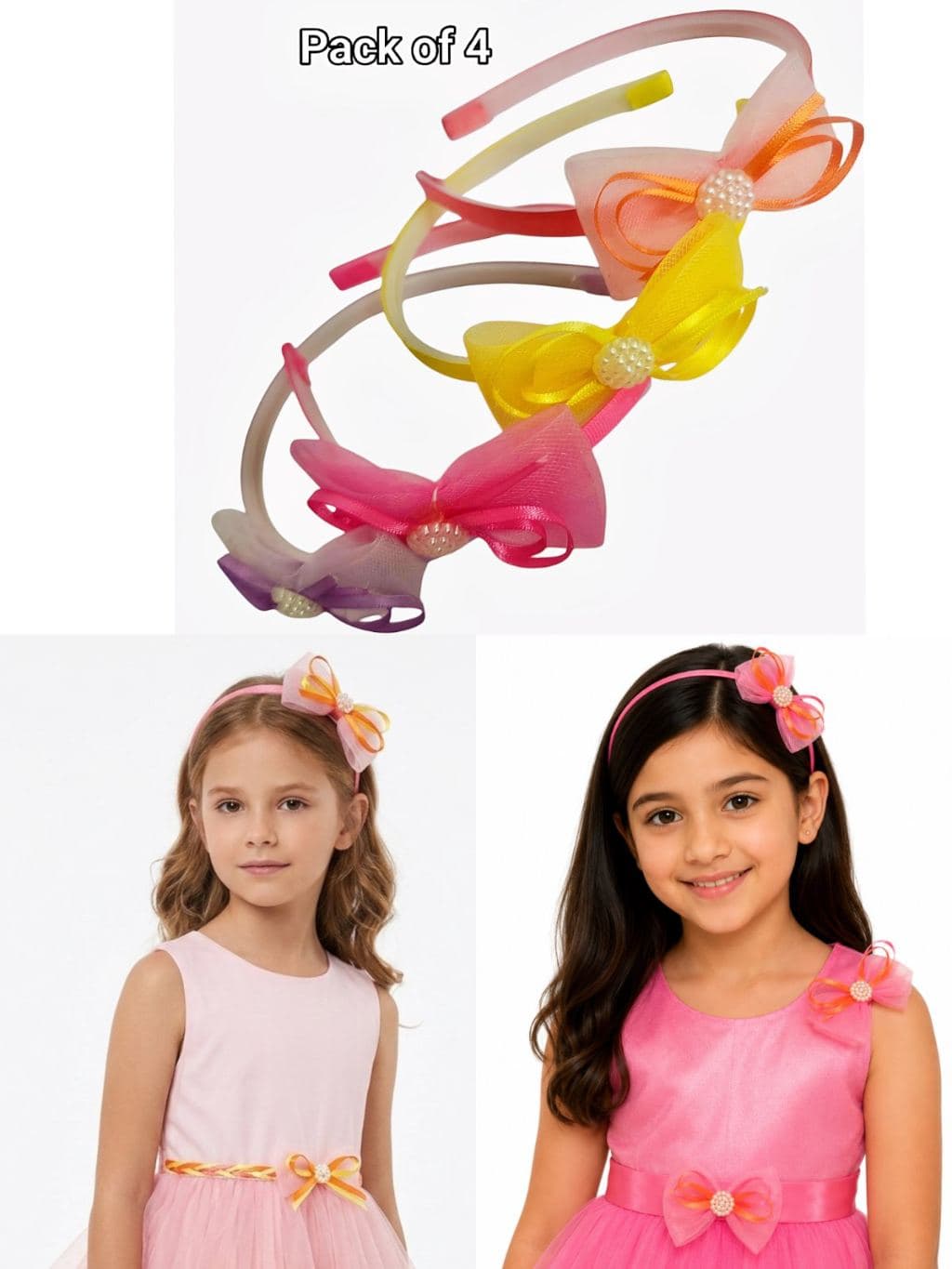 Colorful Hair Bow Headbands Pack of 4 - Girls Hair Accessories with Pearl Detail