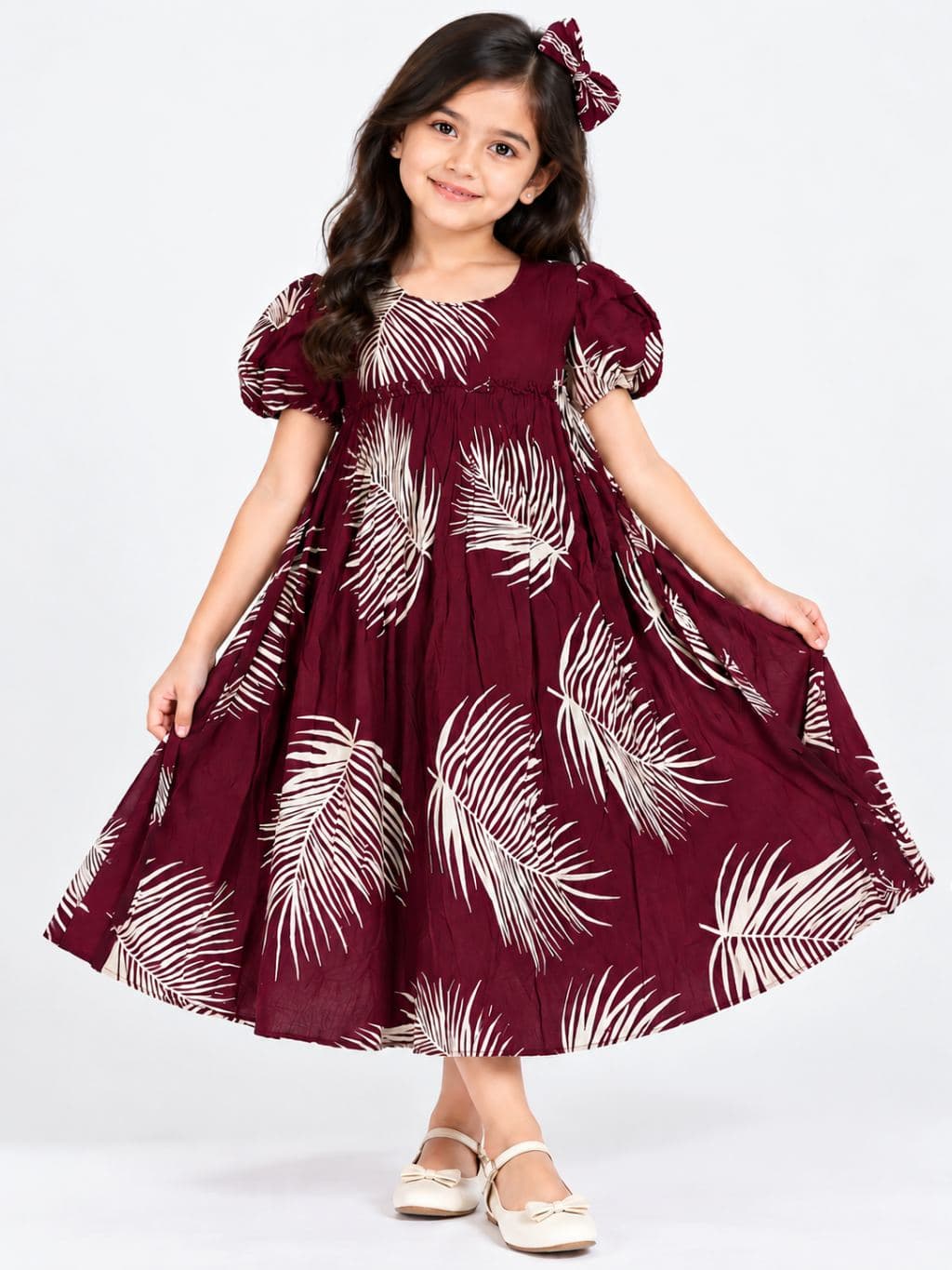 Girls' Magenta Floral Printed Puff Sleeve Midi Dress with Matching Hair Bow
