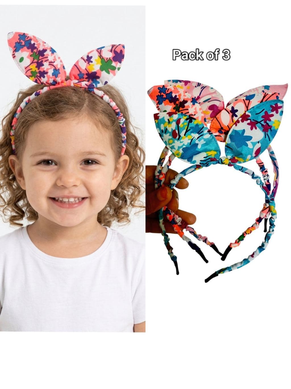 Colorful Floral Bunny Ear Headband Hair Accessories - Pack of 3