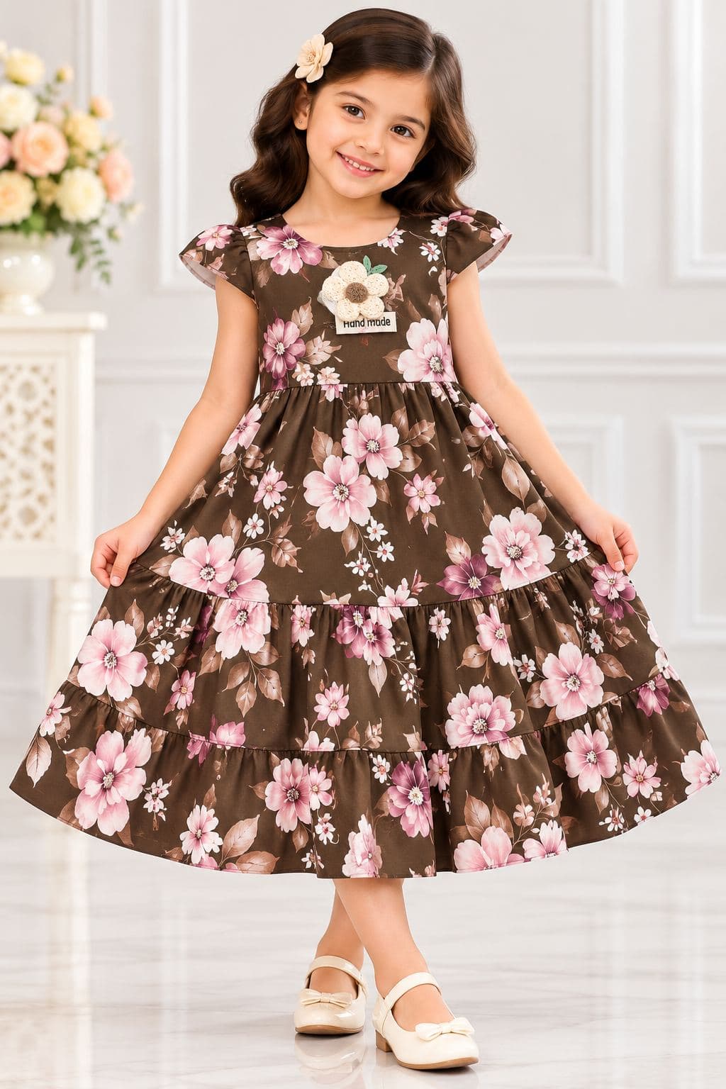 Hand Made Girls Floral Printed Cotton Casual Dress