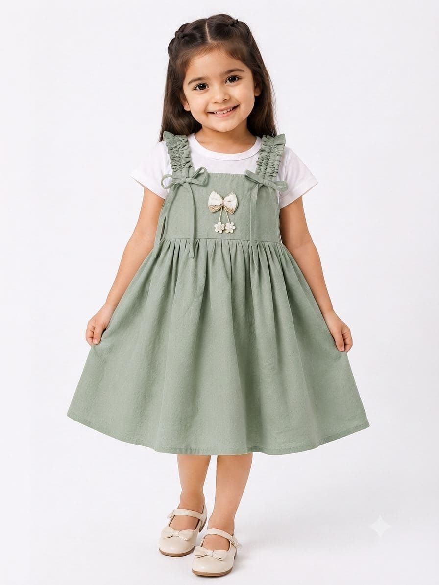 Girls' Sage Green Casual Dress with Ruched Straps & Bow Embellishment - Cotton Blend