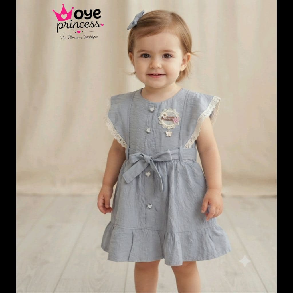 Oye Princess Girls' Lace Ruffle Dress with Belt - Grey