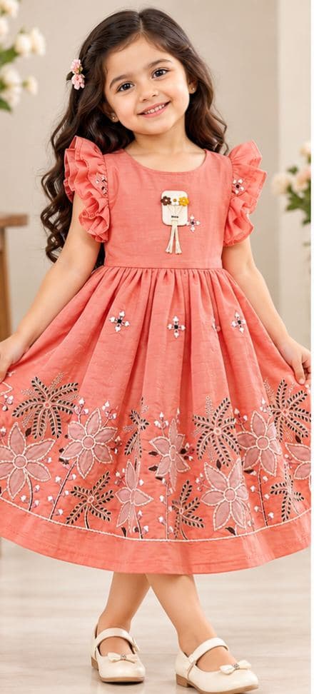 Girls' Ruffle Sleeve Dress with Floral Embroidery - Cotton Blend