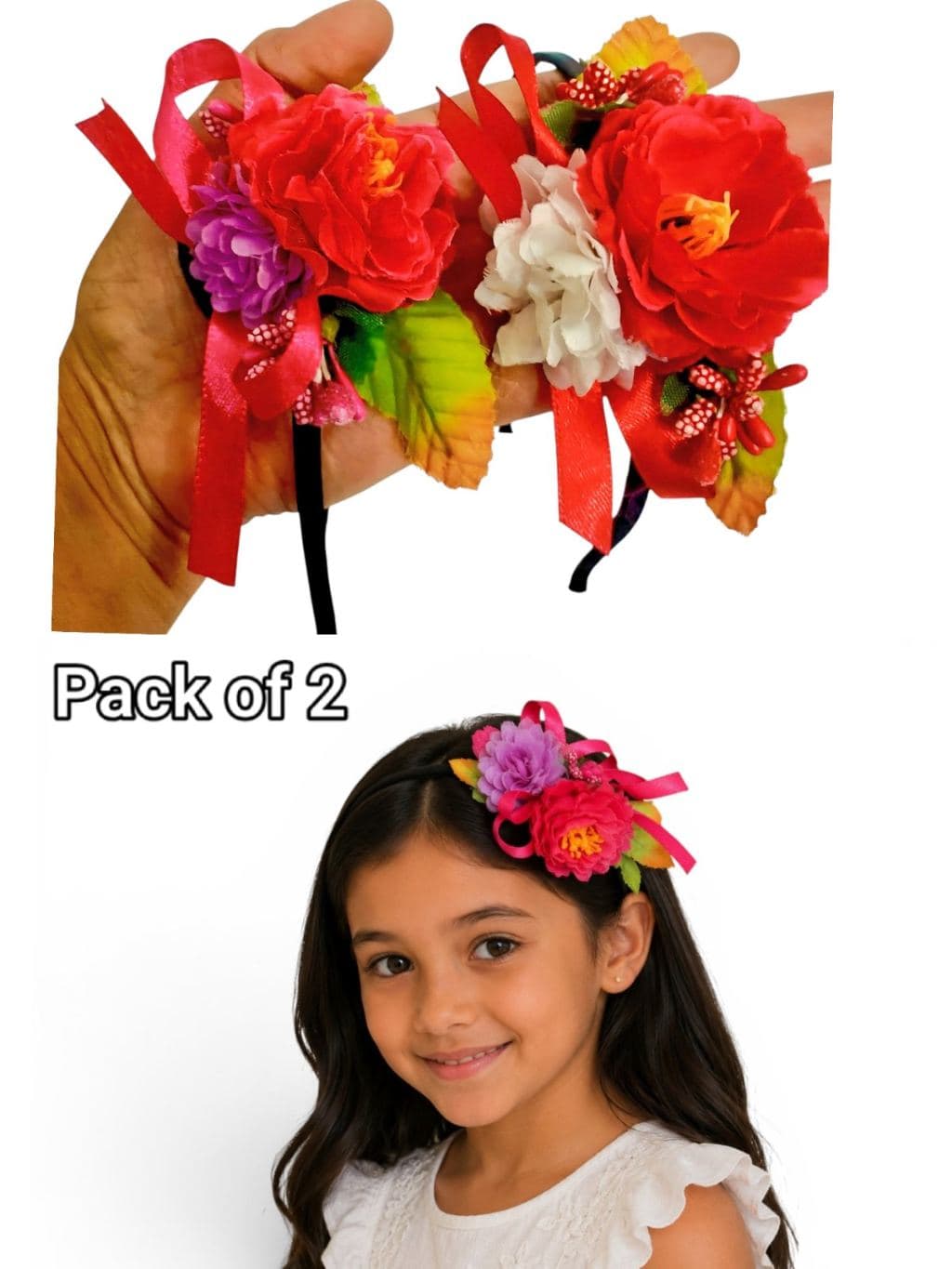 Colorful Floral Hair ties with Ribbons - Pack of 2 (Red & Pink)