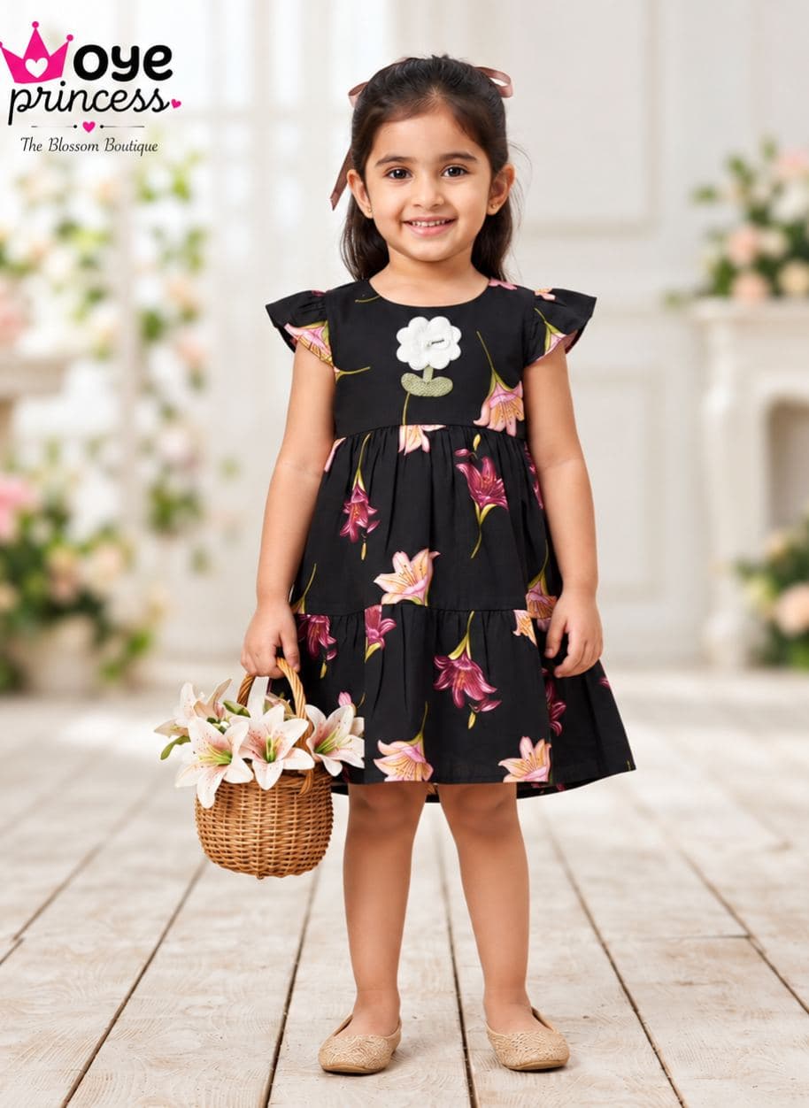 Girls' Black Floral Print Fit & Flare Dress with cap Sleeves - casual Wear