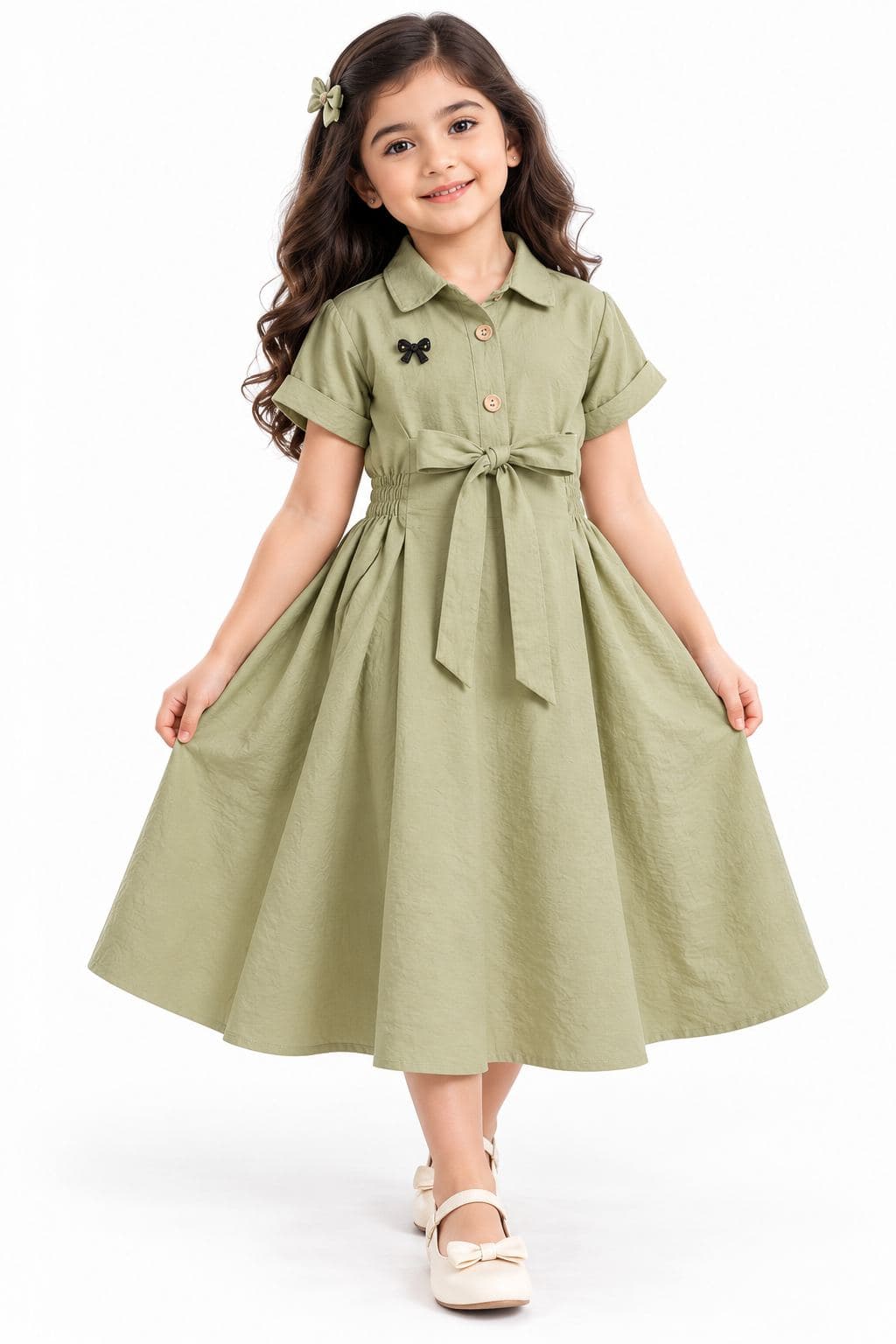Girls' Olive Green Shirt Collar Dress with Bow Tie Detail - Cotton Blend