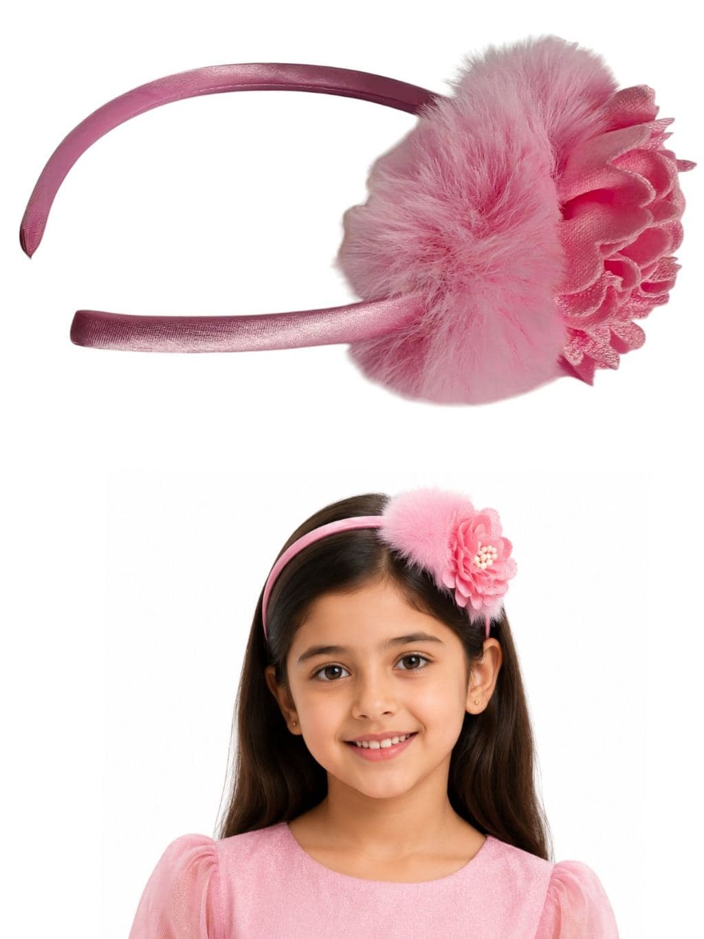 Pink Fluffy Flower Headband with Ruched Ribbon Bow - Hair Accessory for Girls