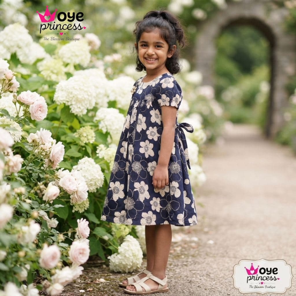 Oye Princess Girls Floral Print Navy Blue Dress with Short Sleeves - Knee Length