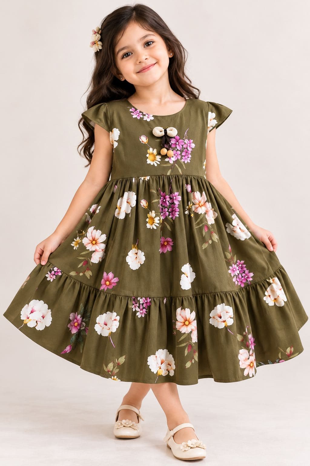 Girls' Olive Floral Printed Cotton Casual Dress with Ruffled Hem