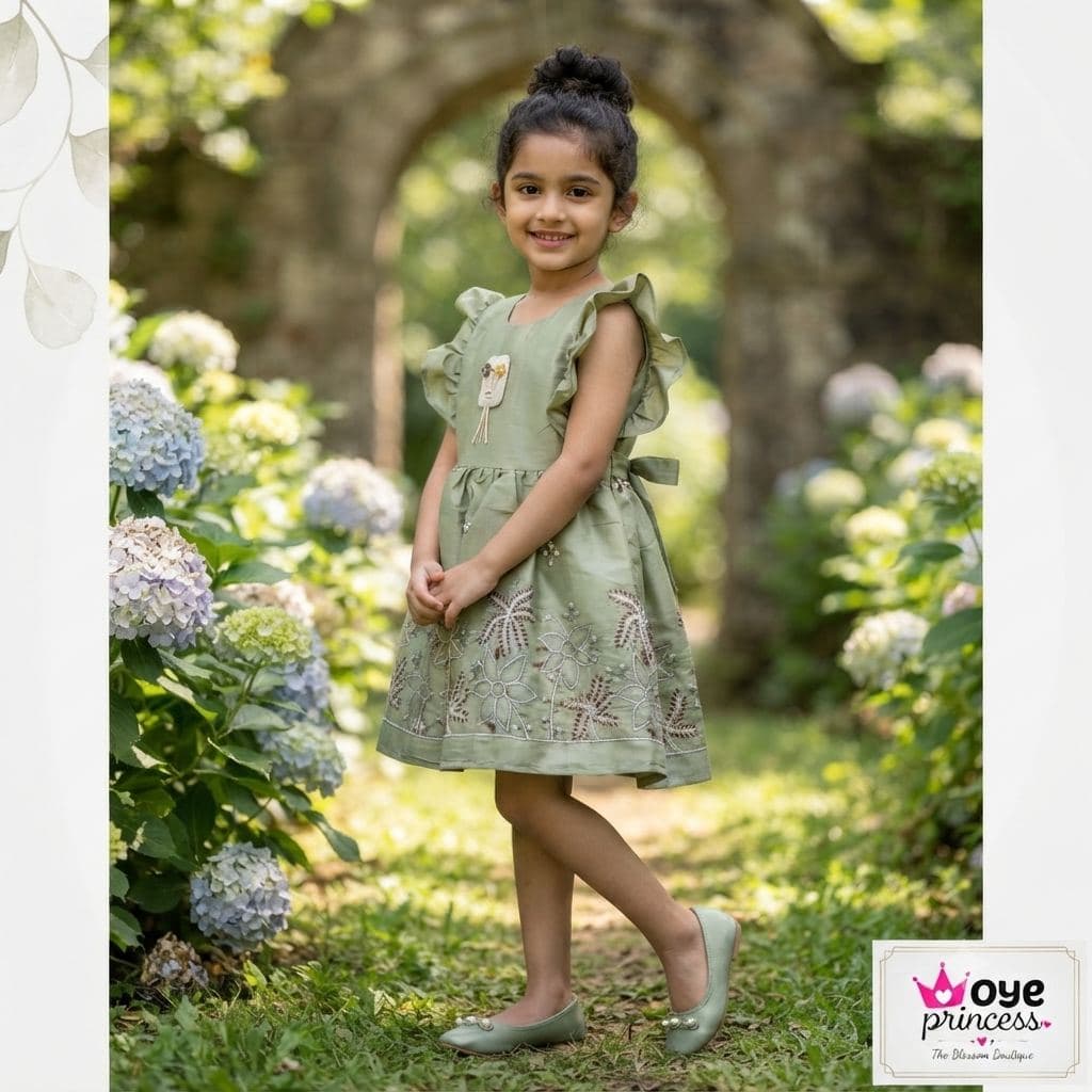Oye Princess Girls Mint Green Floral Dress with Ruffle Sleeves - Cotton Blend