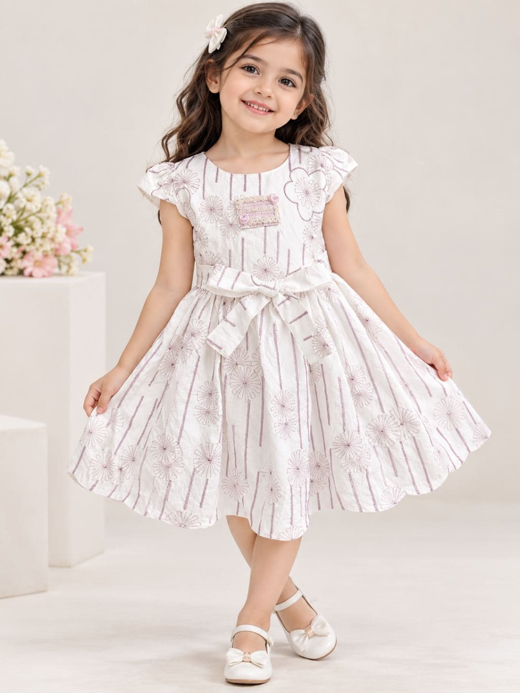 Girls' Floral Print Knee Length Dress with Bow Belt