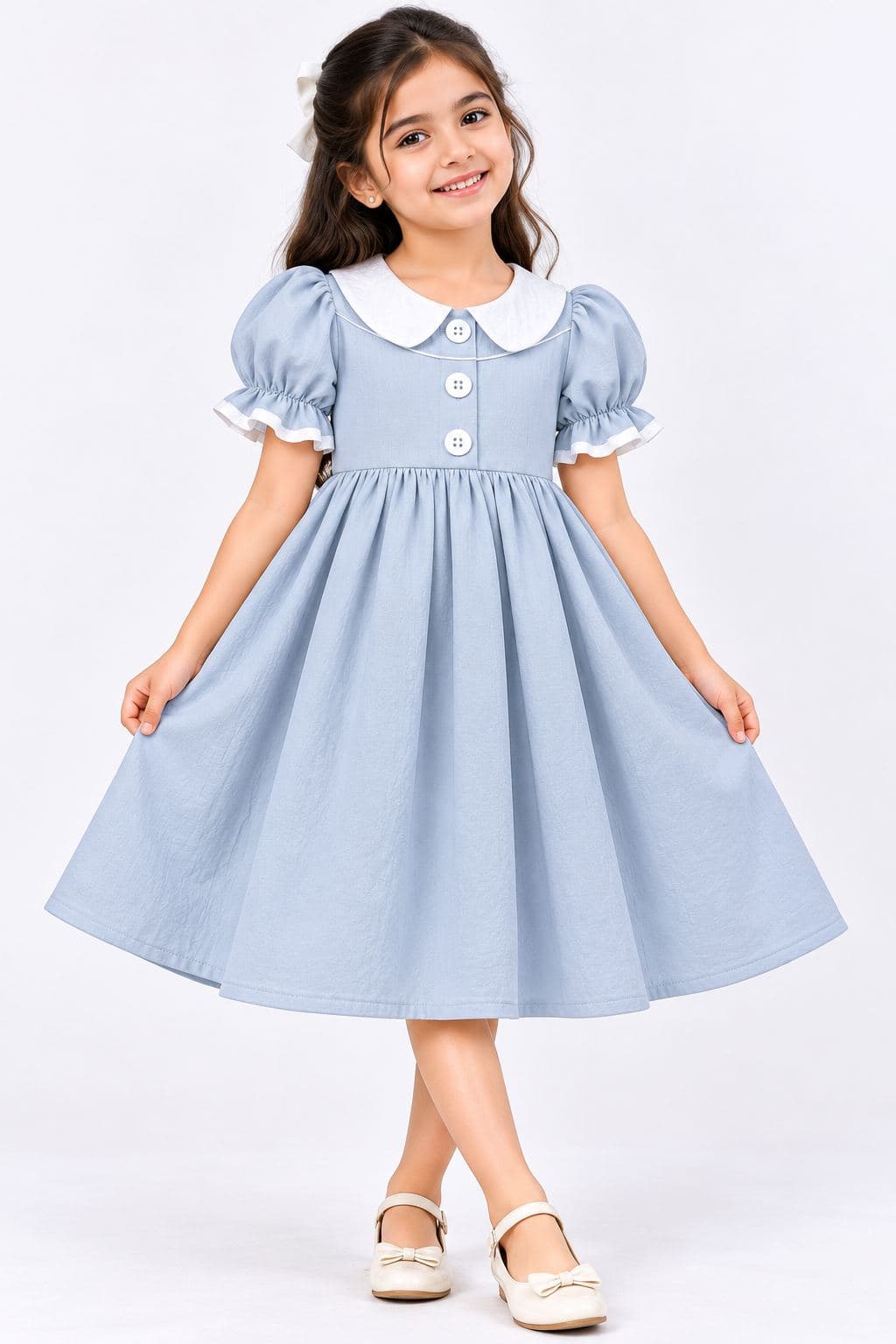 Girls' Light Blue Peter Pan Collar Dress with Puff Sleeves - Cotton