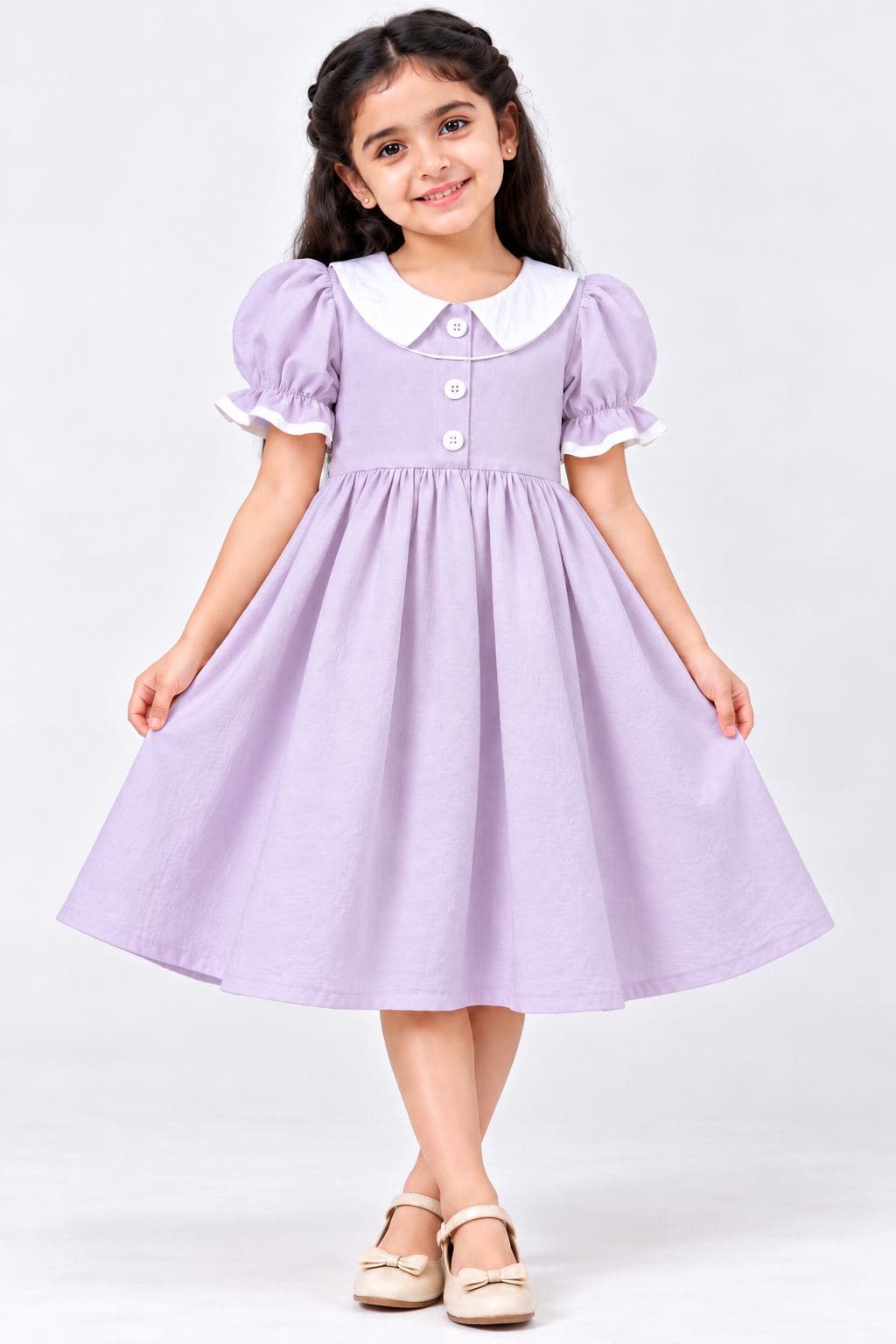 Girls' Puff Sleeve Dress with Peter pan collar- Lavender