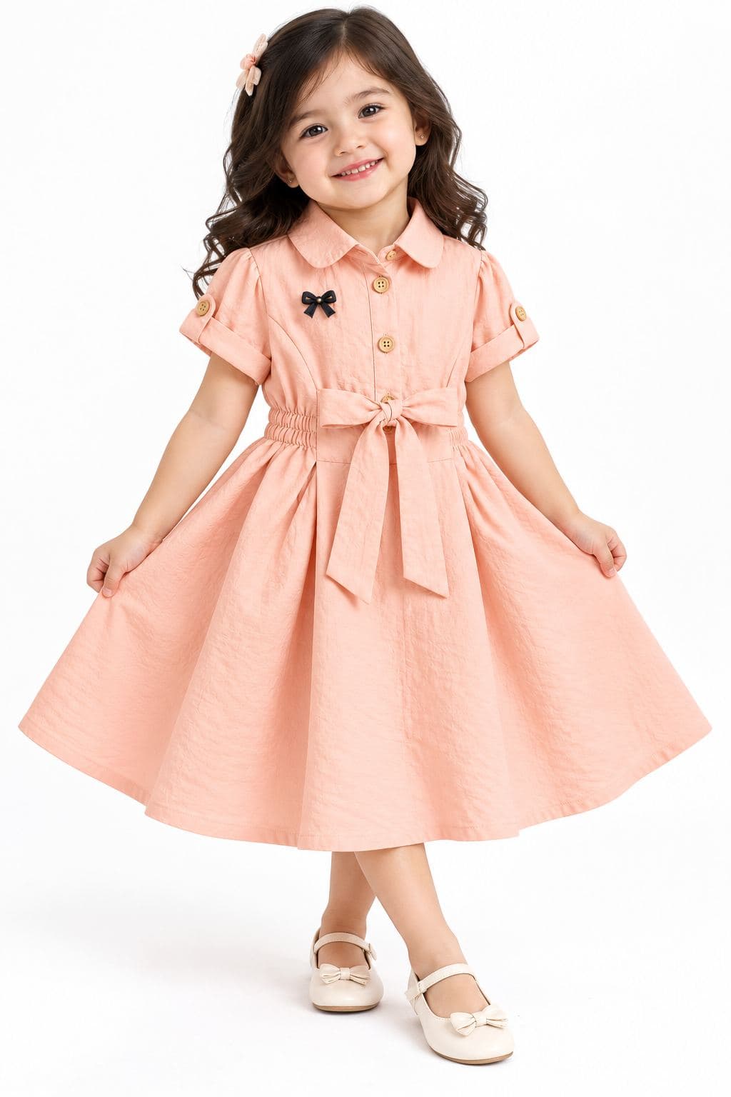 Girls' Peach Collared Cotton Dress with Bow Detail - Knee Length