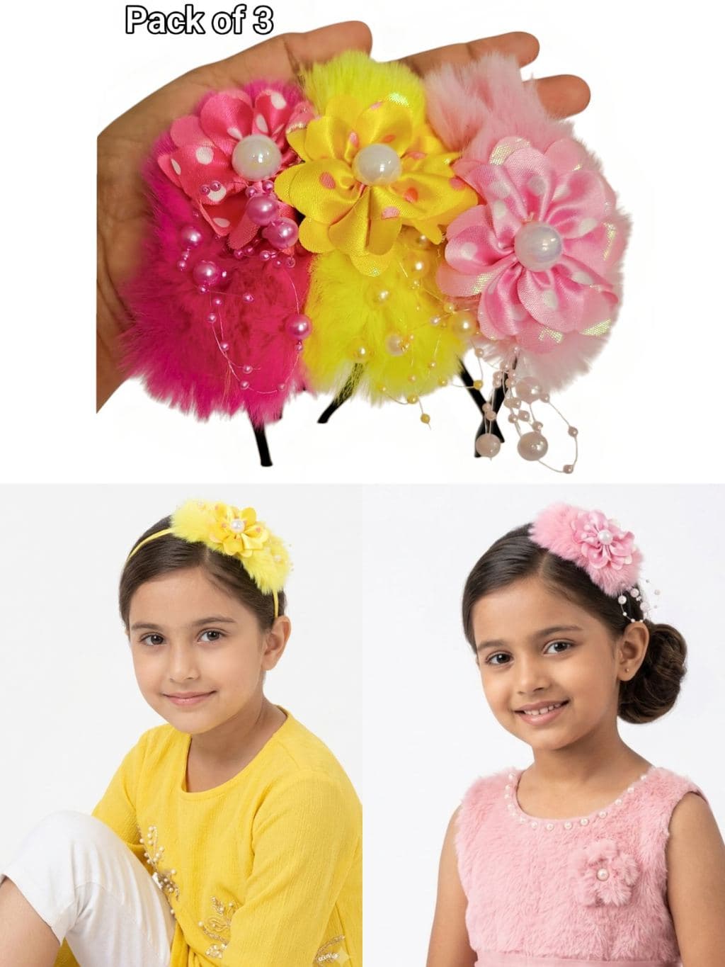 Colorful Tulle Flower Hair Clips with Pearl Beads - Pack of 3