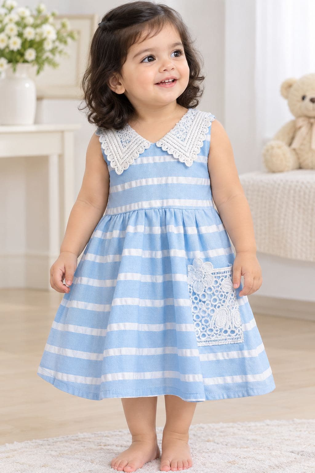 Girls Blue White Striped Dress with Lace Collar - Cotton Casual Wear