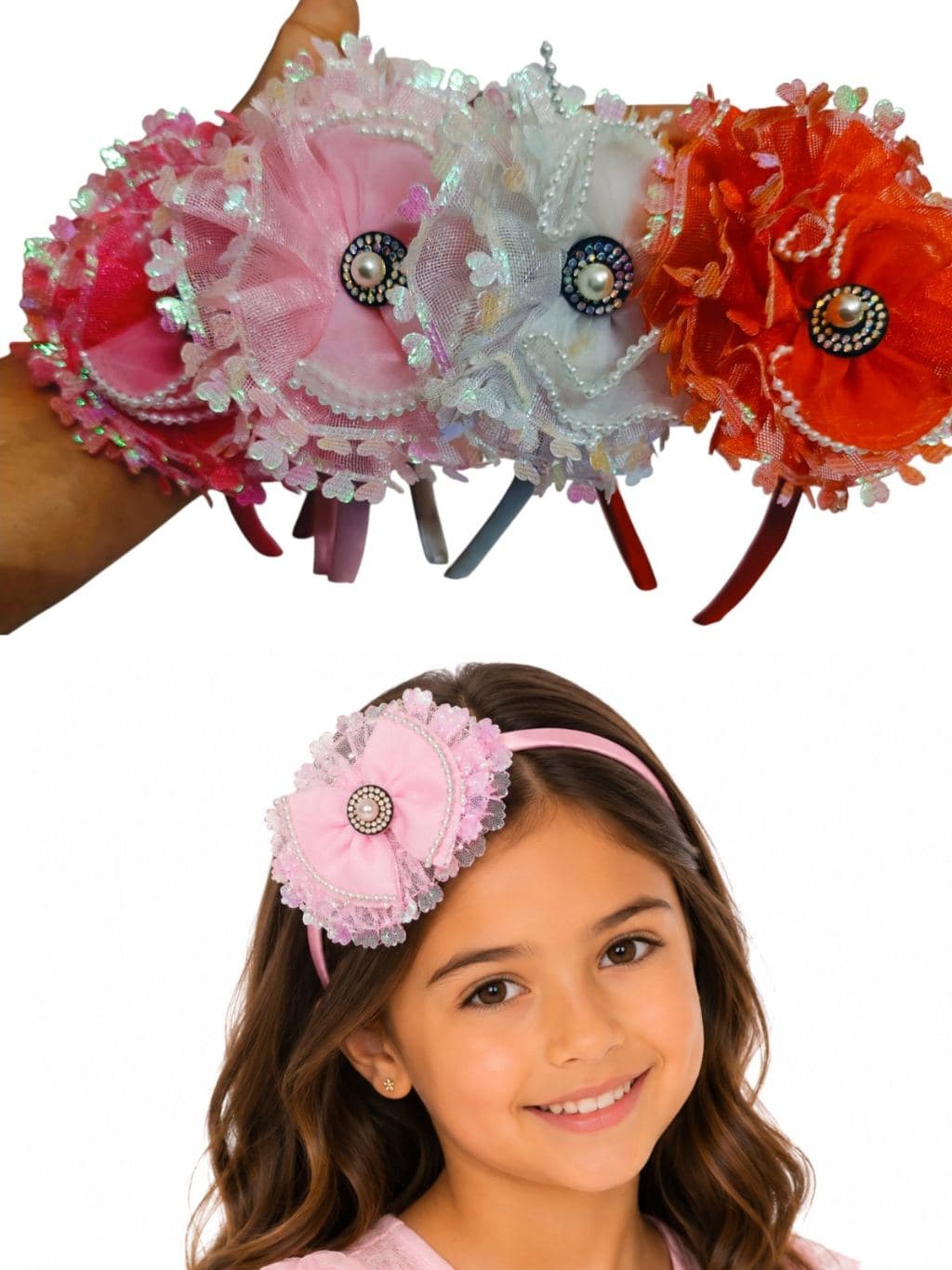 Decorative Flower Hair band with Pearl Center - Pink White Red