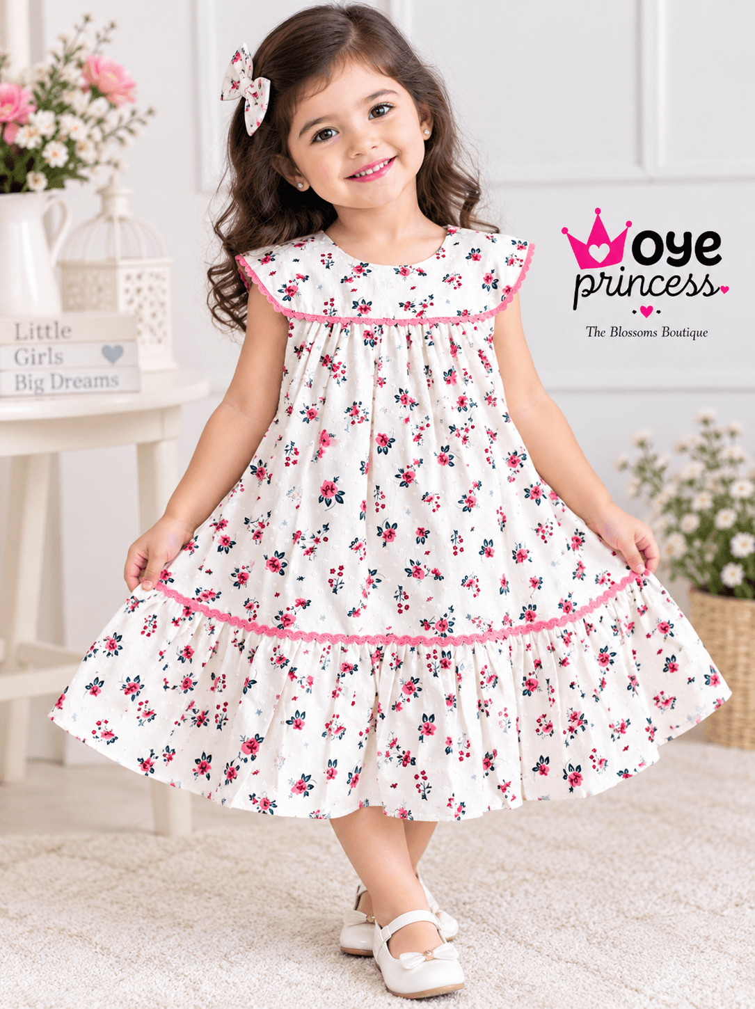 Girls Floral Print Casual Dress - White Pink