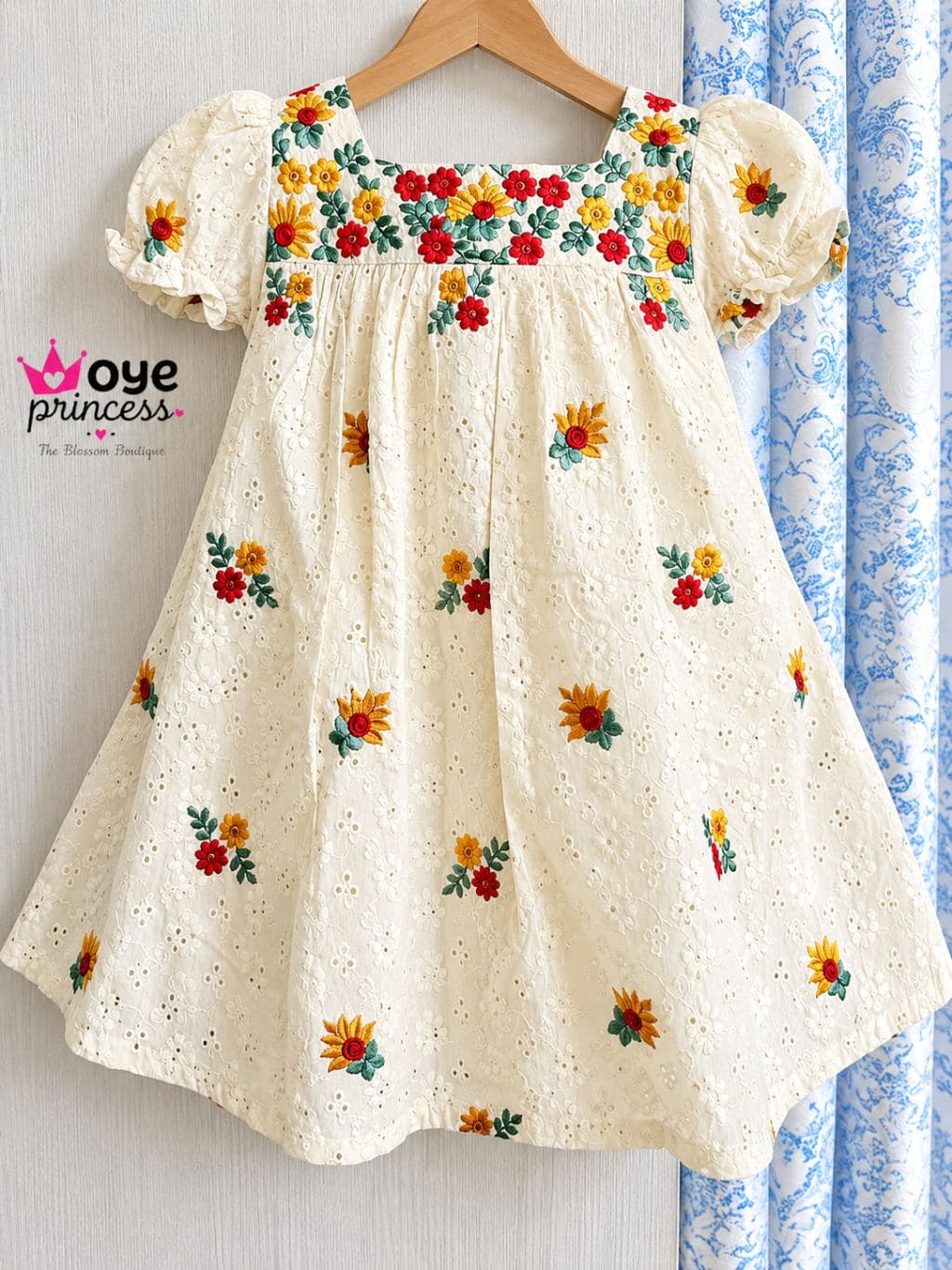 Girls' Floral Embroidered Dress - Cream Cotton