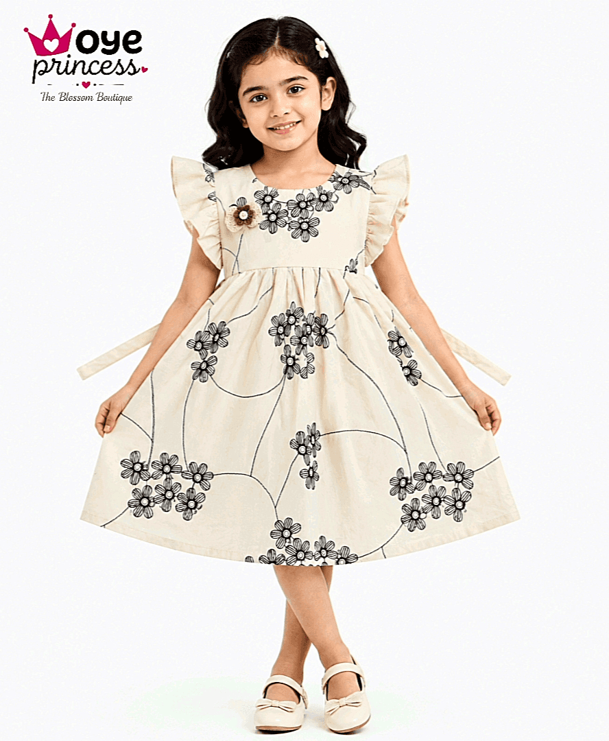 Girls' Floral embroidery with sequence Cotton Dress with Ruffled Sleeves - Knee Length