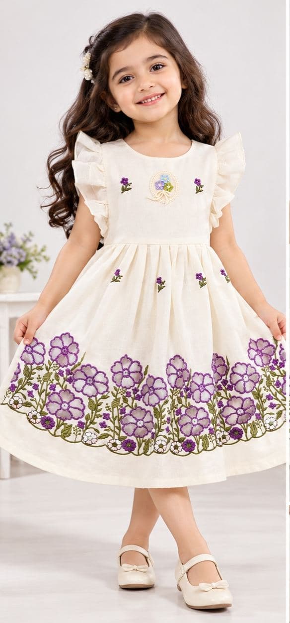 Girls' Cream Floral Embroidered Party Dress with Ruffled Sleeves - Knee Length