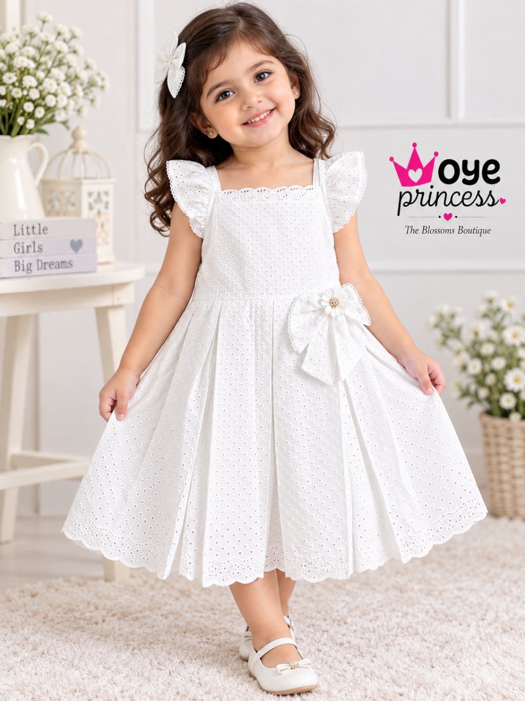 EmbroWhiteidered Dress with RuffEyeletled SleevesGirls