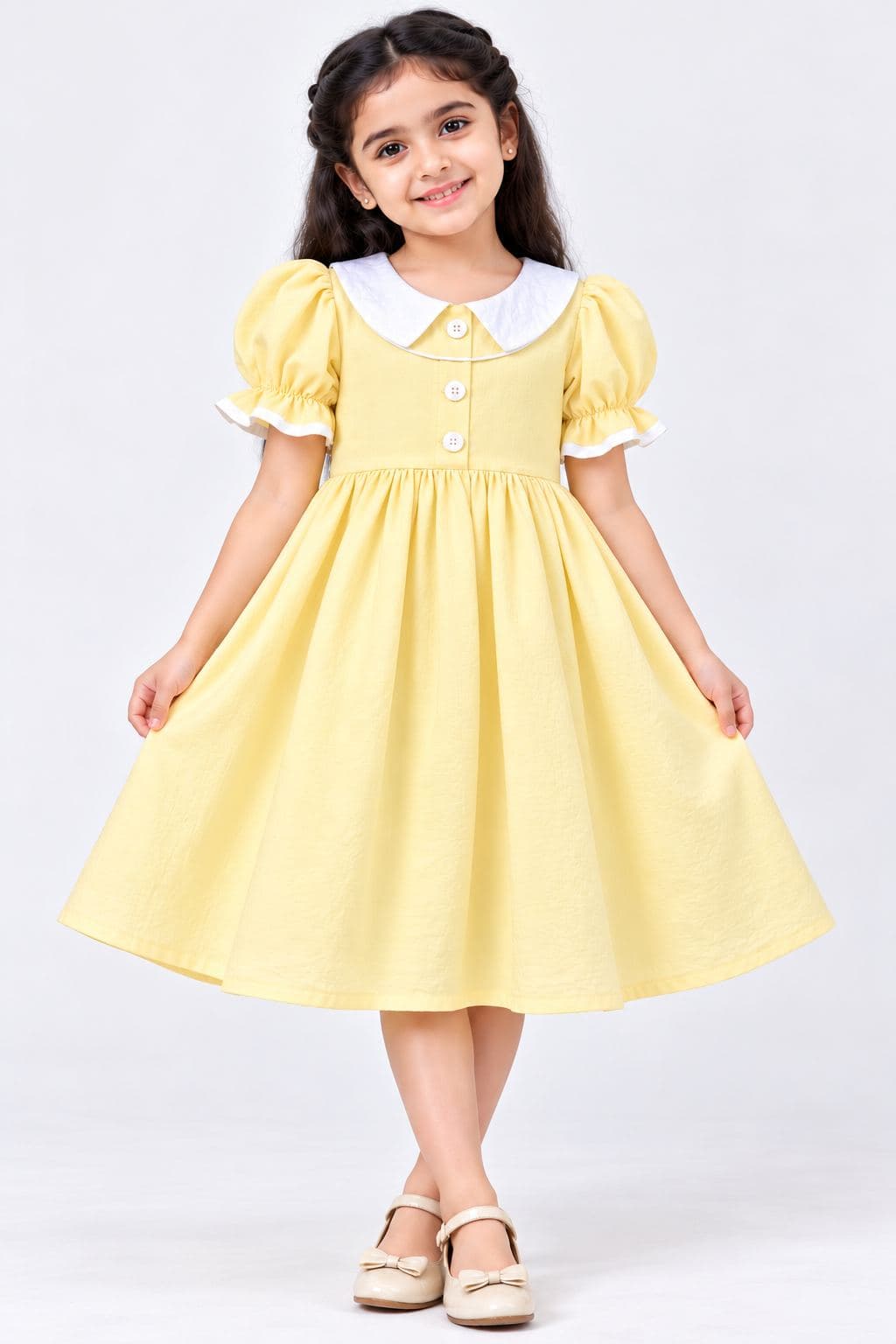 Girls' pastel Yellow Puff Sleeve Dress with White Collar - Cotton Blend Casual Wear