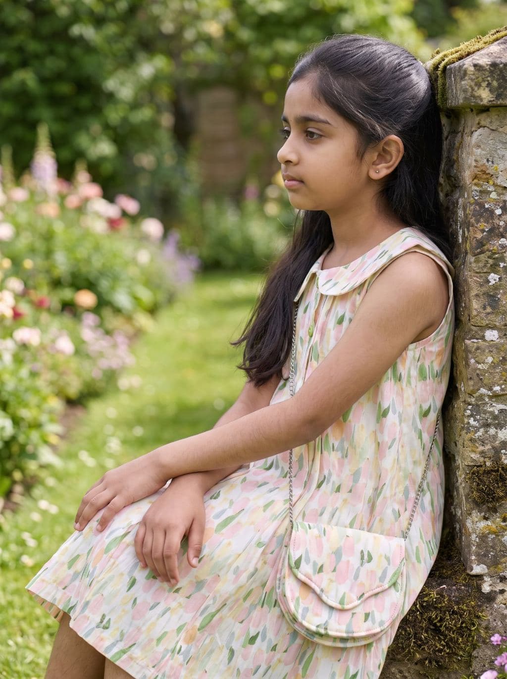 Girls' Floral Print A-Line Dress with Peter Pan Collar and a sling bag - Pink