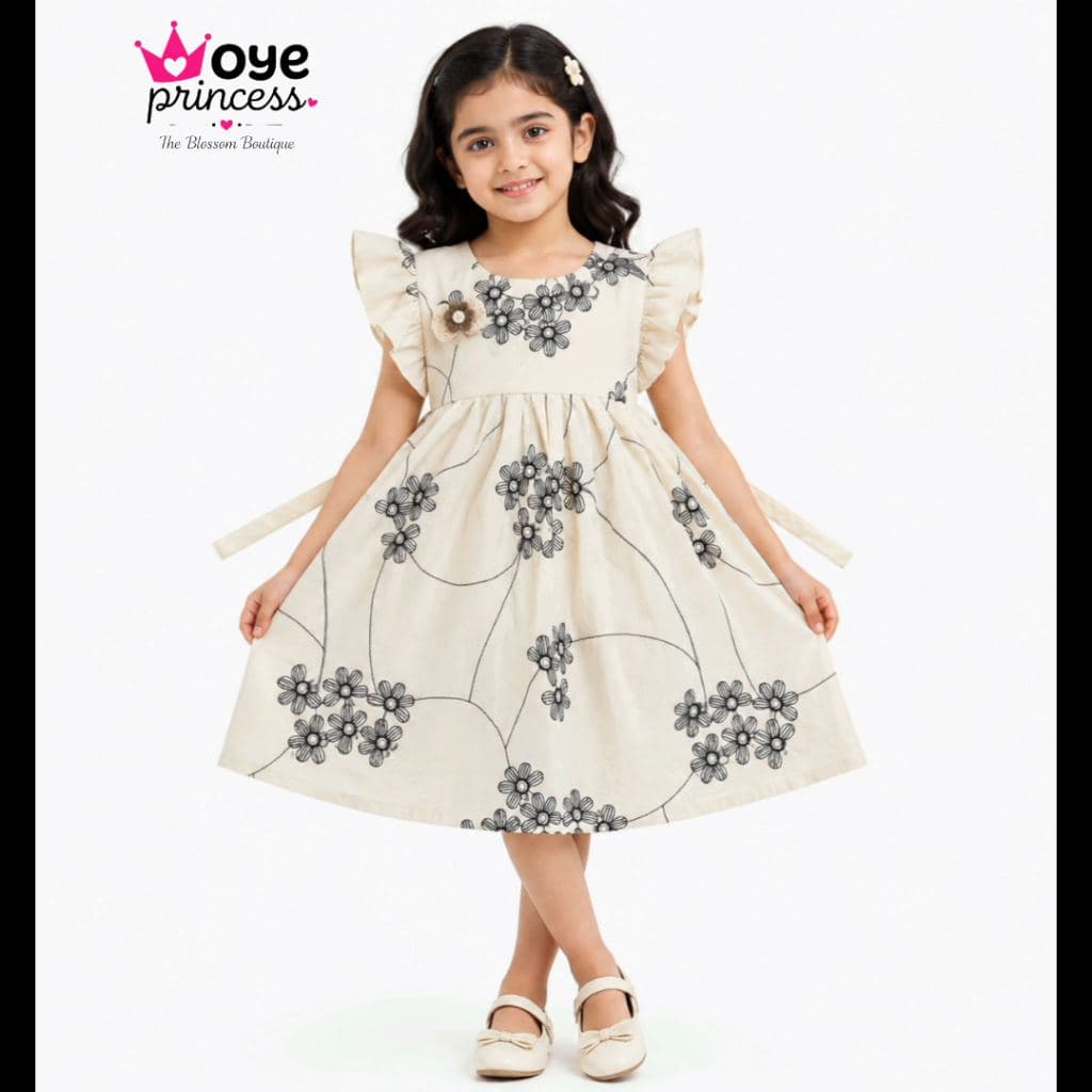 Oye Princess Girls Floral Printed Cream Dress with Ruffled Sleeves