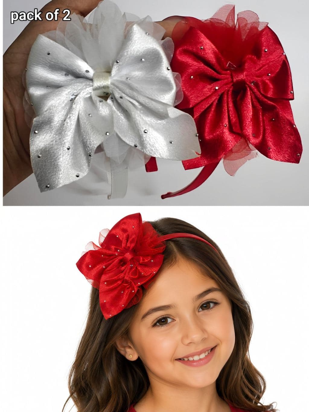 Pack of 2 Glitter Hair Bows with Headbands - Red and White