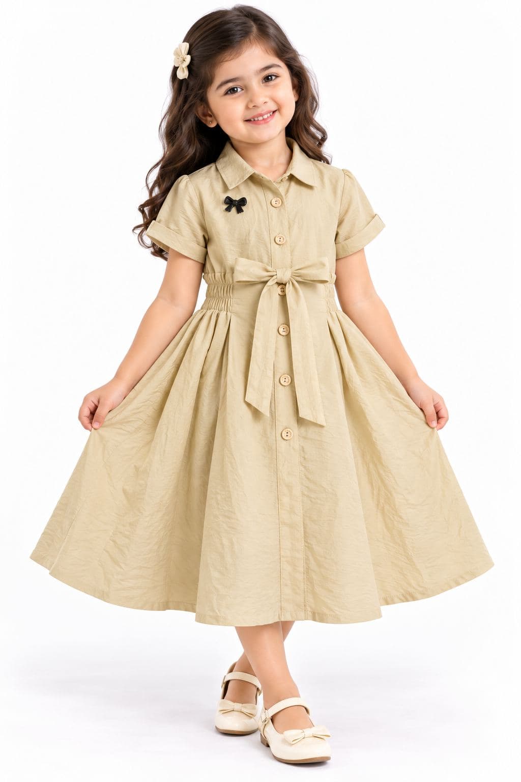 Girls' Beige Collared Shirt Dress with Tie-Up Waist - Cotton Blend
