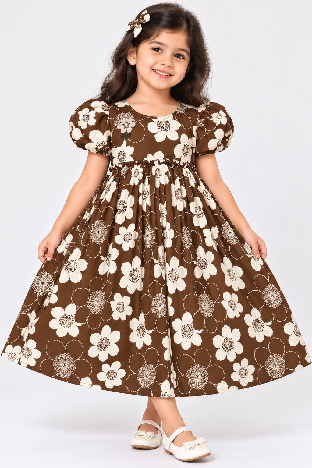 Girls' Brown Floral Printed Cotton Midi Dress with Puff Sleeves