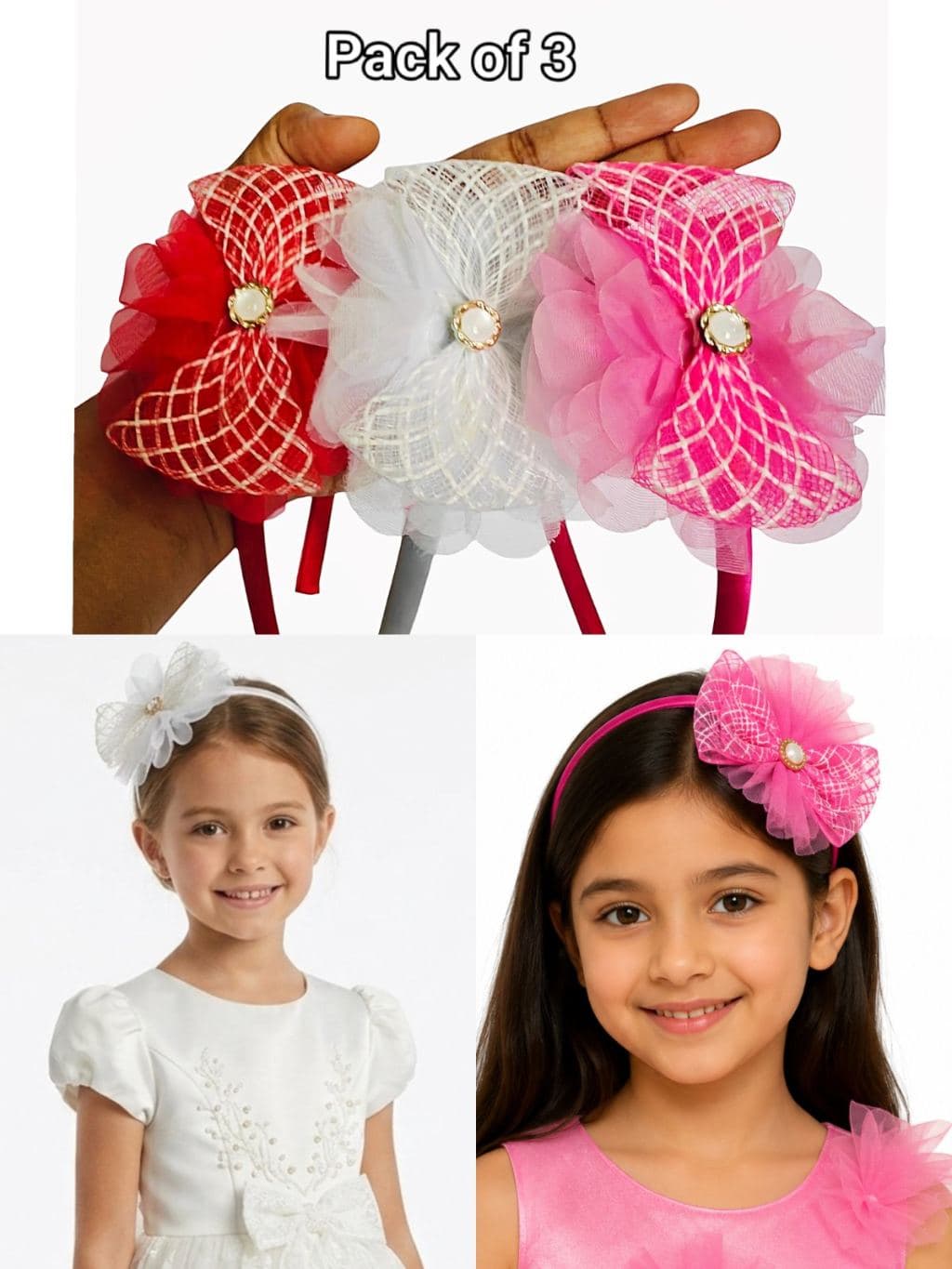 Pack of 3 Flower Hair Clips with Mesh Detail - Red, White, Pink