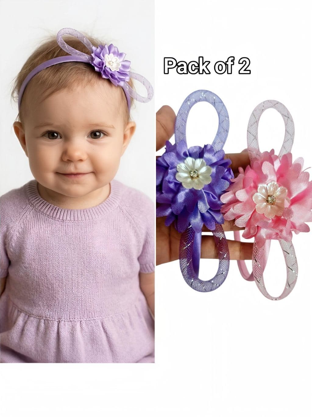 Floral Hair Accessory Set Pack of 2 - Purple & Pink Flower Headbands for Girls