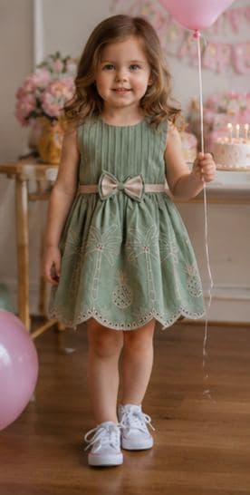 Girls' Sage Green Embroidered Party Dress with Bow - Knee Length