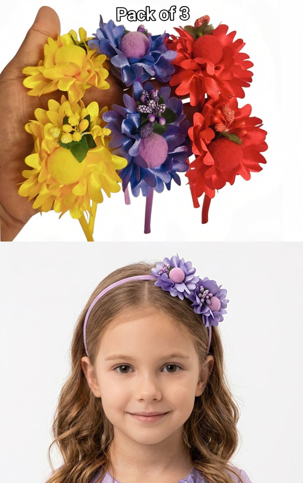 Colorful Fabric Flower Hair Clips for Girls - Pack of 3 (Yellow, Purple, Red)
