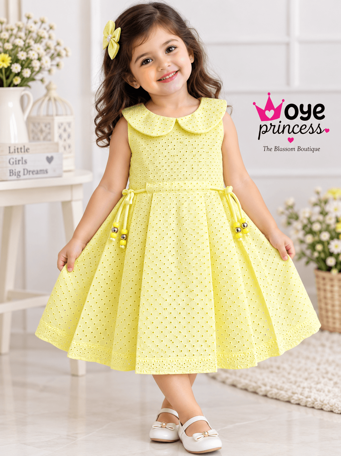 Girls Yellow premium eyelet fabric Dress with Peter Pan Collar