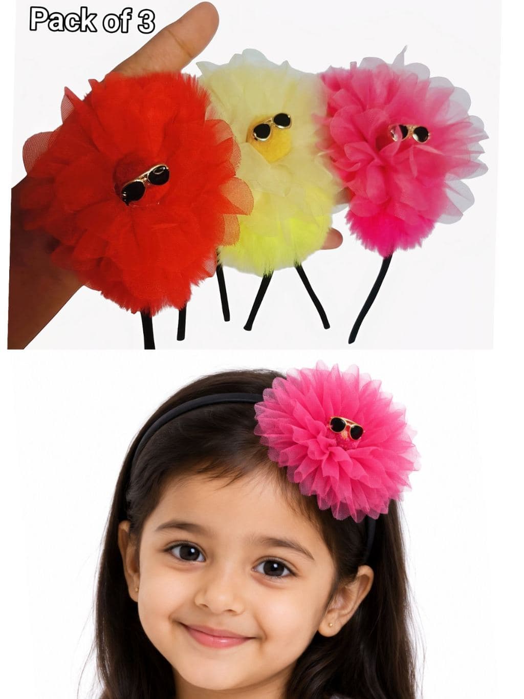 Colorful Pom Pom Creatures Hair Clips Pack of 3 - Red Yellow Pink