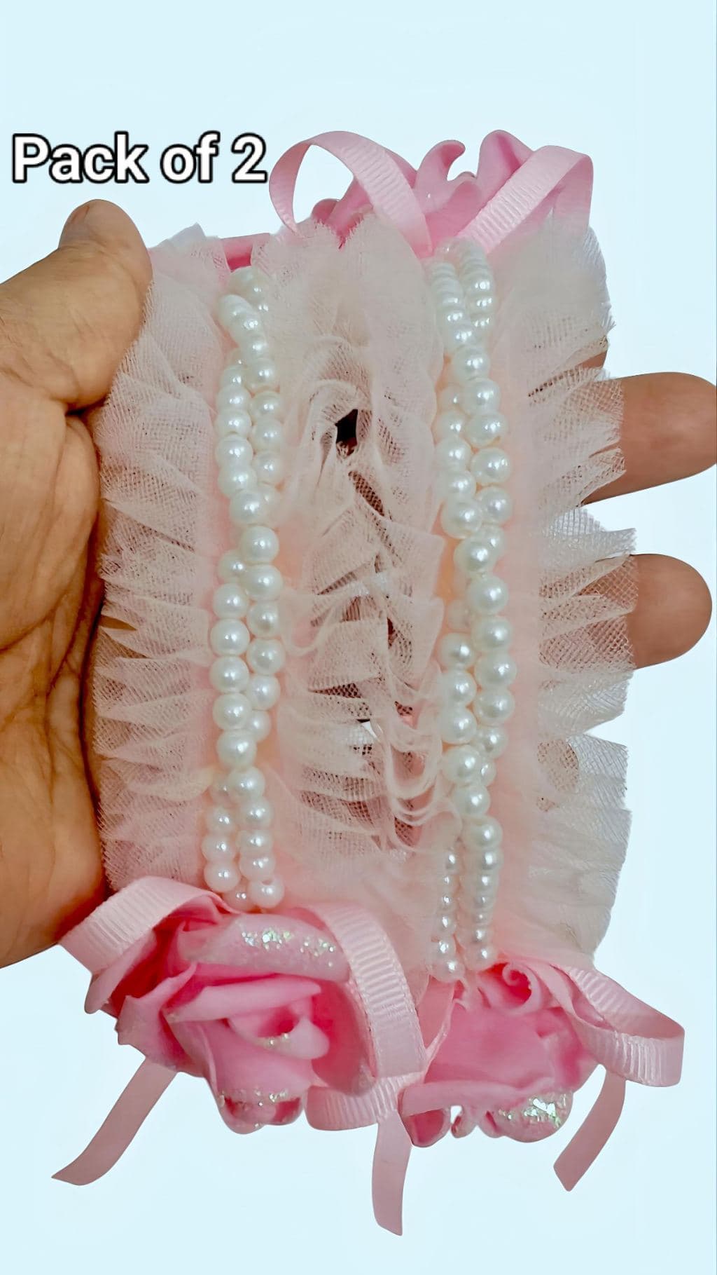 Pack of 2 Head bands,Pink Pearl Tulle Bow Hair Clips with Ribbons