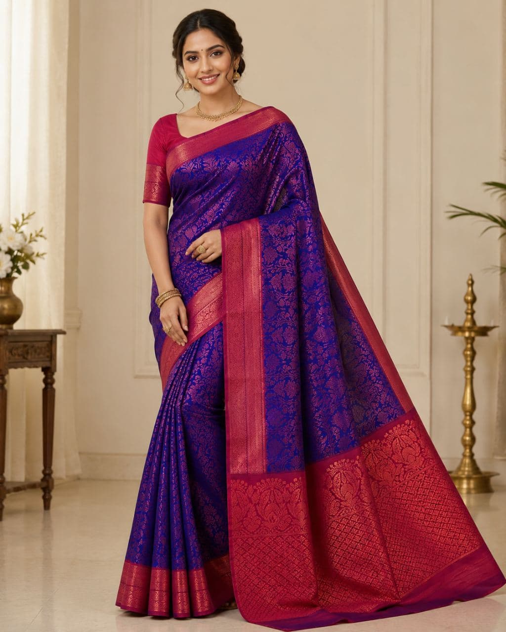 Purple Silk Saree with Red Border and Blouse - Traditional Banarasi Weave