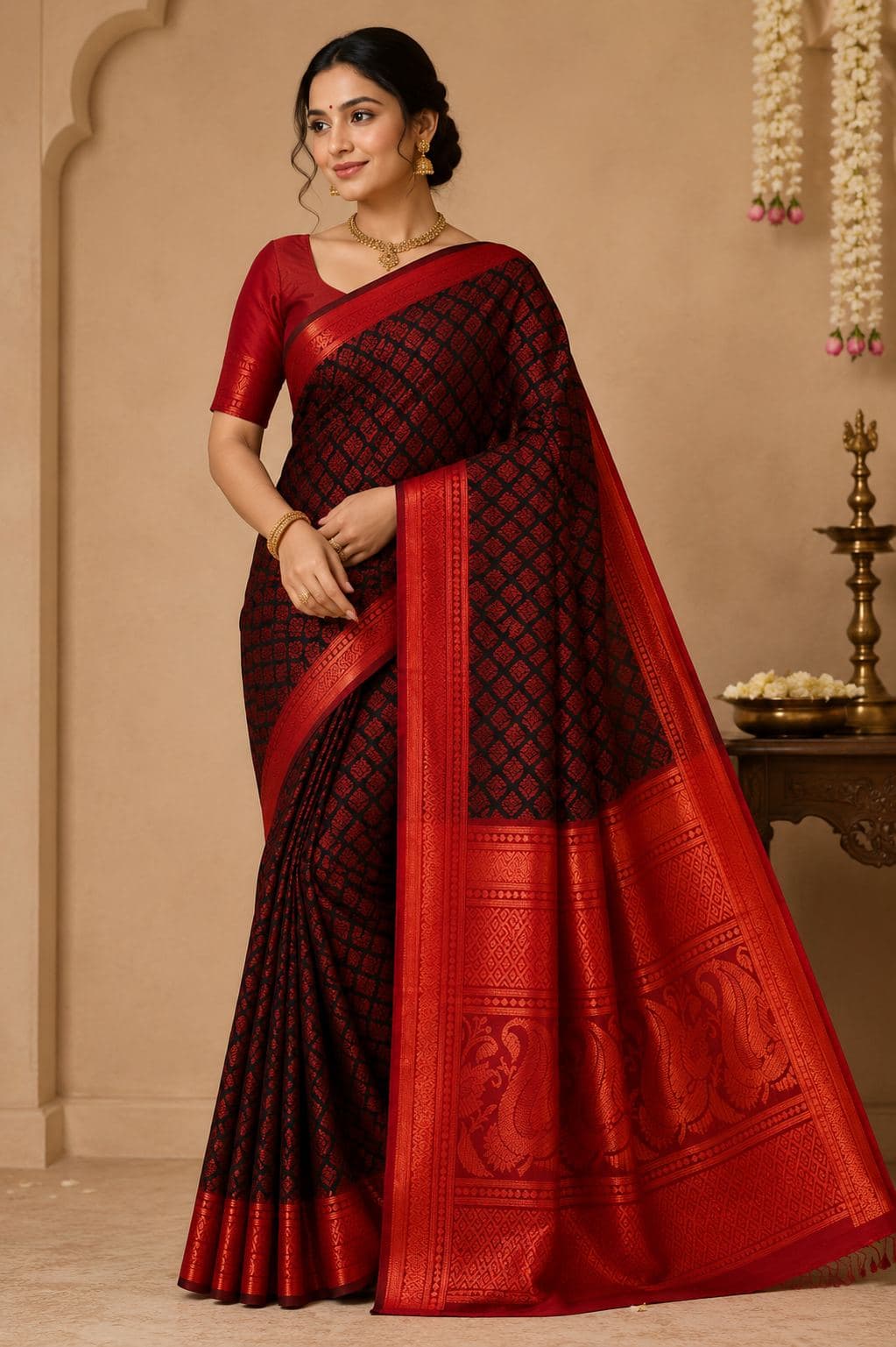 Red Silk Saree with Jacquard Pattern and Gold Border - Traditional Indian Wear